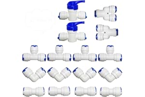 CESFONJER 16 PCS RO Water Filter Fitting, 3/8'' Push fit Connectors for Water Pipe, Push in to Connect Water Tube Fitting Set (Y+T+I+L Type Combo + Shut-Off Valve)