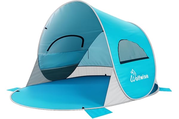 Wolfwise Abris de Plage Pop Up UPF 50+, Tente de Plage pour Famille 3-4 Personnes, Tente Instantanée en Plein air Sportive en Plein Air Portable, Bleu