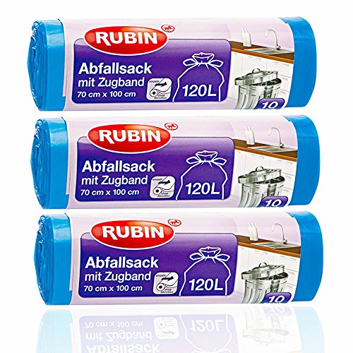 Zugband Müllsäcke – 120 Liter (30 Stück) – Für Haushalt und Büro – Reißfest und Flüssigkeitsdicht – 3er Pack (3×10 Stück) – Recyclebar – Besonders klein verpackt - 2
