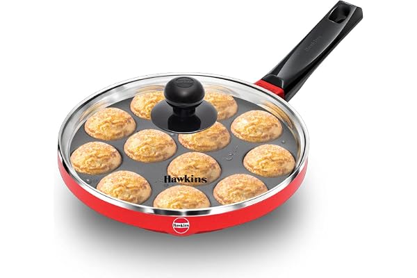 Hawkins Nonstick Appe Pan with Glass Lid, 12 Cups, Diameter 20 cm, Black , Cast Aluminium, Red (NAPE20G)