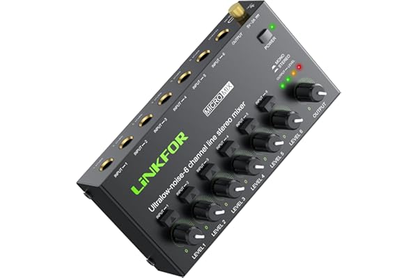 LiNKFOR Table de Mixage Audio 6 Voies 6.35mm avec Switch Stéréo Mono Indicateur LED Alimentation Certifiée pour Studio Scène Club