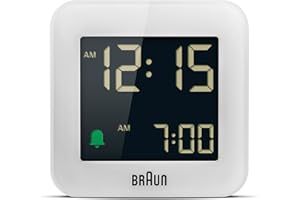 Braun Digital Travel Alarm Clock with Snooze, Compact Size, Negative LCD Display, Quick Set,Crescendo Beep Alarm in White, model BC08W.