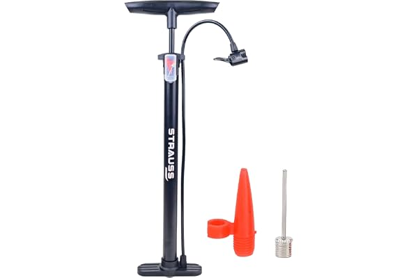 Strauss High Pressure Air Pump for Bicycle, Football, Balloon and Cycle Tyre Inflator with Needle Black with 3 air nozzles Plastic Aluminium 58 cm