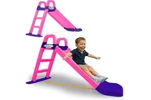 JAMARA 460503 – Tobogán Funny Slide – de plástico Resistente, caño Antideslizante para aterrizajes Suaves, escalones Anchos y Asas de Seguridad, Cuerda estabilizadora, Rosa