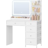 Hzuaneri Makeup Vanity with Mirror and LED Light, 3 Colours, White | DT43903XEU Modern Dressing Table with 5 Drawers and 2 Sh