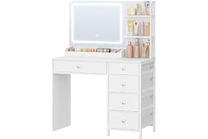 Hzuaneri Sminkbord med LED-Belysning, Stor Hd-Spegel, 5 Lådor Och 2 Förvaringshyllor, Perfekt för Sovrummets Omklädningsrum, Modern Vit Dt43903xeu