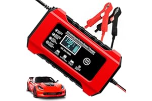 CREBEAU 6A Car Battery Charger, 12V Automatic Smart Charger Monitor Battery with Temperature Compensation, Intelligent Charges, Repairs, Maintains Car Motorcycle Boat Mower Battery, Red