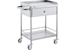 VEVOR Chariot de Laboratoire à 2 Étages Chariot à Service Médical 71x42x78,5 cm Desserte en Inox avec Tiroir Charge 100 kg Déplacement Silencieux pour Rangement Clinique Cuisine Hôtel Salon de Beauté