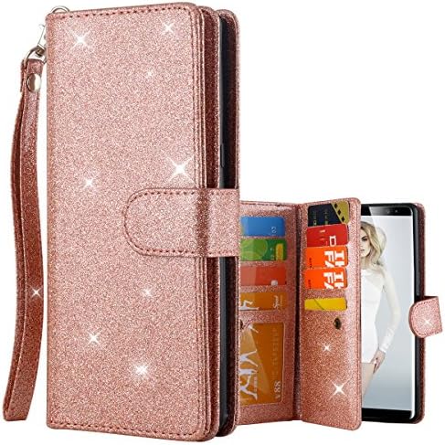 Galaxy Note 8 Case, Snewill PU Leather 9 Card Slot Bling Wallet Folio Case with Detachable Magnetic Hard Case for Samsung Galaxy Note 8 - Shiny Rose Gold