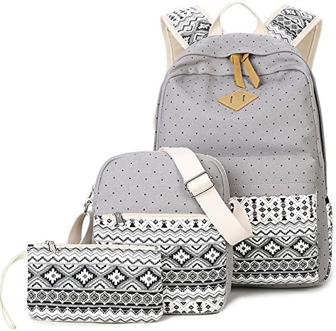 SANNU Casual 3pcs School Bags Set Canvas Backpack for Teenagers Girls Backpack + Shoulder Bag + Pouch (Grey)