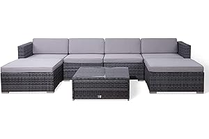 EVRE Nevada Grey 6 Seater Outdoor Rattan Garden Furniture Set Wicker Weave Sofa Coffee Table Stool with Cushions For Patios Decks Conservatories Sectional Corner Conversation Piece