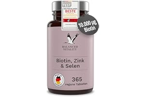 ‎BALANCED VITALITY Biotin, Zink & Selen - 10000 µg Biotin, 10 mg Zink-Bisglycinat, 55 µg Selen - 365 vegane Tabletten - Haar-Vitamine im Jahresvorrat - für Haare, Haut & Nägel - ohne Zusatzstoffe - Balanced Vitality