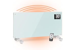 ULCANO Stufa Elettrica Basso Consumo 2000W (Modalità ECO 1000W), Termoconvettore con Ruote + Montaggio a Parete, Vetro Temperato, Display Touch + Timer + Telecomando, Stufetta con Termostato, Bianco