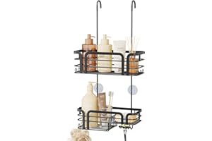 SWTYMIKI Shower Caddy Hanging Organiser - Over Door Shower Caddy with Soap Holder, 11 Hooks, 2 Installation Ways for Shower Organiser, Stainless Steel Shelf Hanging for Bathroom Shampoo, Conditioner
