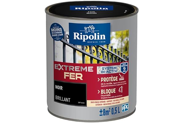 RIPOLIN - Peinture pour Fer Extérieur - Glycéro Antirouille - Sous-couche intégrée - Application directe sur Rouille - Résistante aux Intempéries, UV et Chocs - Brillant - 0,5L - Noir