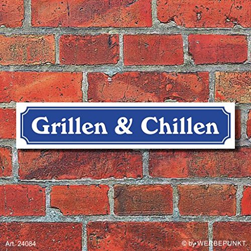 Schild im Straßenschild-Design "Grillen & Chillen" - 3 mm Alu-Verbund - 52 x 11 cm