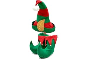 Dreamzfit - Men's Women's Santa's Helper Elf Costume - Elf Hat with Ears + Deluxe Elf Shoes ~ Elves Xmas Cosplay Christmas New Year Party Fancy Dress, Green/Red