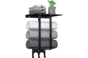 ZHSHX Towel Rack for Bathroom, Wall Mounted Towel Storage for Rolled Towels 41cm, Steel Towel Holder with Top Shelf and 3 Hooks for Large Towels,Small Towels, Hand Towels, RV Camper, Black
