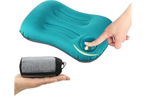 BUDING Ultralight Inflating Pillow,Camping &Beach Travel Pillow,Press to Inflate Folding Pillow,Ergonomic for Neck & Lumbar Support,Blue
