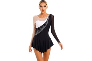 Runhomal Robe de Danse Salsa Latine Femme Strass Robe Patinage Artistique Adulte Manches Longues Justaucorps Gymnastique Ballet Rumba Zumba Costume de Danse Lyrique S-XXL