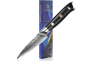 Sunnecko Couteau Office en Acier Damas 73 Couches, Couteau Cuisine 9 cm, Couteau Japonais de Cuisine Professionnelle à Éplucher des Fruits, Idée Cadeau pour Chef Professionnel et Amateurs