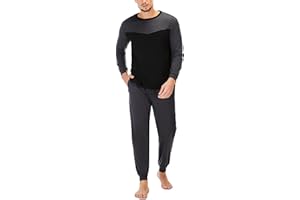 Marvmys Pyjama Homme Long Coton Ensemble Hiver Vêtements Nuit à Manches Longues avec Poches aux Poignets S-XXL