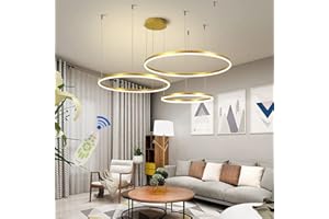 ENXING Suspension Luminaire Moderne LED Réglable En Hauteur Salon Lampe À Suspension Anneau Intensité Variable Lustre Anneau Metal Abat Jour Acrylique Plafonnier Pour Hôtel Restaurantlight Lobby,D'or,3ring