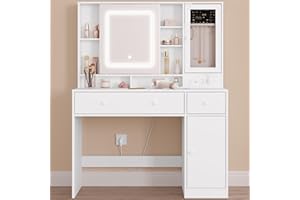 WOLTU Tocador Maquillaje con Joyero, Espejo Luz LED Ajustable, Mesa Tocador Maquillaje con Enchufes, Cajones y Estantes, Blanca, MB6125ws