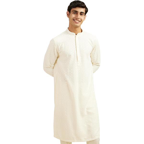 Kurta Pyjama Uomo Royal Men's Bianco 100% Cotone, Ricamo Al Collo, Chinese Collar, Vestibilità Regolare