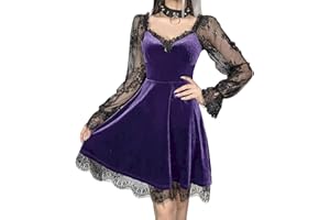 DINGJIUYAN Halloween Robe Gothique en Velours Noir, Garniture en Dentelle, Y2K, Esthétique, Taille Haute, Ligne A, Mini, E-Girl, Grunge, Punk, Tenue de Soirée