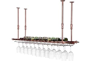 Gdmokle Soporte de Copa de Vino Colgante, Estante de decoración de Techo, Estante de Vino Boca Abajo, Porta Vino rústico montado en la Pared Soporte para Copas, Altura Ajustable (Color : Bronce)