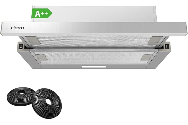 CIARRA CBCS6906D Hotte Tiroir Téléscopique 60cm - Classe A++ - 370m³/h - 2 Vitesses - Éclairage LED - Recyclage ou Evacuation - Filtres Charbon Inclus - Argent