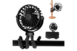 Fancysky Ventilatore Portatile a Batteria Ricaricabile USB,Ventilatore Portatile Per Passeggino Rotazione a 360° a 3 Velocità con Treppiede Flessibile per Passeggino, Tapis Roulant, Culle (Nero)