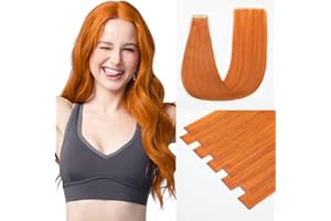 HotLulana Extensiones Adhesivas Pelo Humano Orange Real Remy Extensiones de Cabello Natural Adhesivas Coloured Soft Liso Sin Costuras Tape Hair Extensions Skin Weft Hair Extension 10pcs 25g 20Pulgada.