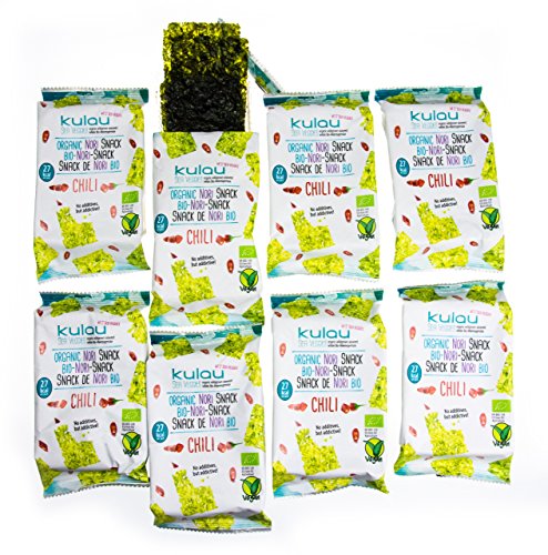 KULAU Bio-Nori-Snack Chili - scharfer Snack aus gerösteten Nori-Blättern/Asiasnack/zart, knusprig und pikant (8 x 4 g)