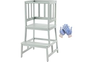 ‎COSYLAND COSYLAND Lernturm Aktualisierter Schemel aus Bambus mit Sicherheitsschiene, Lernstuhl mit rutschfeste Matte für Kleinkinder 18 Monate bis 3 Jahre alt für Küche- Badezimmer-Counterlernen (Grau)