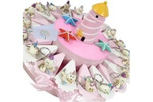 SINDY BOMBONIERE bomboniere animaletti portachiavi per battesimo nascita bimba con torta bomboniera da 20 fette confetti