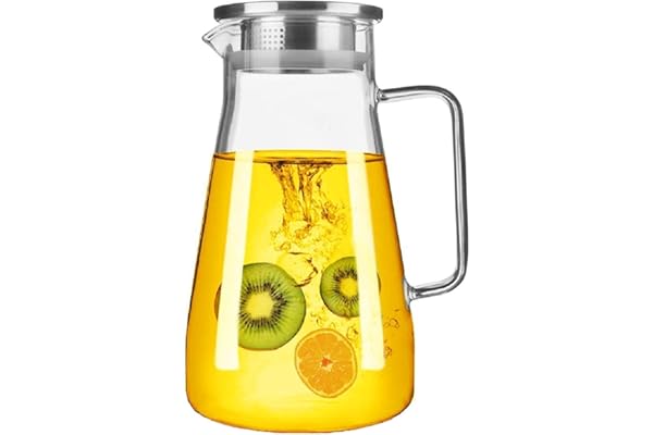 Vilon Premium Borosilicate Glass Water Jug 1.8 LTR, Transparent Hot & Cold Water Pitcher with Lid, Iced Tea, Milk, Juice & Lemonade Beverage Carafe, 1.80L, Durable Glass Jug for Home & Parties