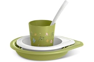 Suavinex, Set svezzamento Bambino +6 Mesi, Stoviglie per Bambini Lavabili in Lavastoviglie e Microonde. Include: Bicchiere + Piatto Piano + Ciotola + Cucchiaio. My family Verde