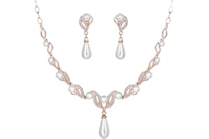 Deyanse Bridal Jewellery Sets, Wedding Jewellery Sets for Brides, Pearls and Rhinestone Necklace & Dangle Earrings Set, Elegant Perfect Women's Jewellery sets for Wedding, Prom or Bridesmaid Gifts