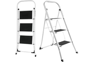 Meykoers Trittleiter 3 Stufen Klappbar mit Handlauf, Rutschfestes Fußpolster Traggewicht 150kg Platz sparen mit Breiten Stufen, Platzsparende Klapptritt Faltbar, Weiß