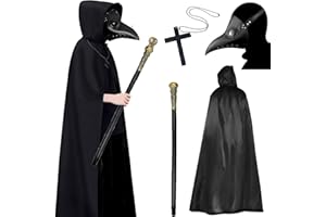 Aleshime Plague Doctor Costume Set - Plague Doctor Mask, Hooded Cloak, Cane & Cross Necklace, Scary Halloween Costume for Men Women Adults