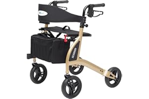 Lexamed Leichtgewicht Rollator ALADDIN - klappbarer Rollator mit Derbygriffen - Aluminium Rollator mit einstellbarer Griffhöhe, Stockhalter + Netztasche - Gewicht 5,6kg - 120kg Tragkraft - champagner