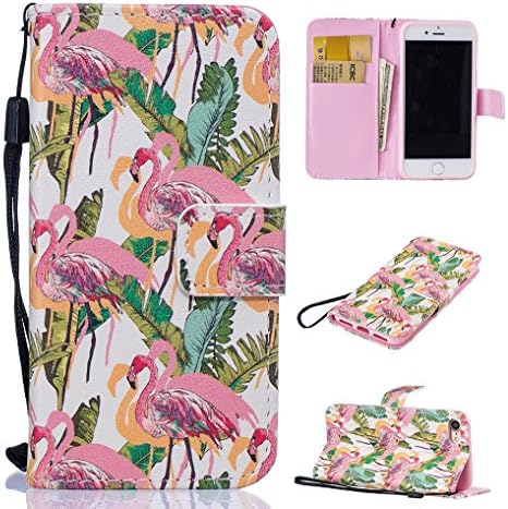 Yidaxing iPhone 7 Wallet Case, Premium PU Leather Flip Cover Colorful Pattern Design Shockproof Case with Hand Strap and Card Holder for iPhone 7, Flamingo