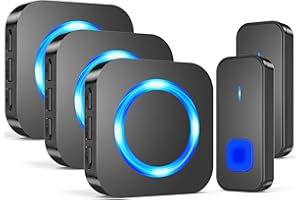 SURFOU Dzwonek radiowy, 3 odbiorniki, 2 nadajniki, zasięg 400 m, wodoszczelny, do użytku na zewnątrz, bezprzewodowy dzwonek do drzwi, 55 dźwięków, 5 głośności, migające diody LED, czarny