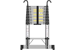 EOXCIIU Telescopic Ladder 3.7m, Extendable Ladder with Hooks, Stainless Steel, Height Adjustment, Convenient for Home, Workshop, office, Warehouse, Workshop, Outdoors