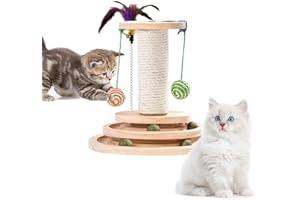 HIQE-FL Jouet Interactif pour Chats - 3 en 1 avec 2 Couches, Colonne De Griffe D'intérieur en Bois, Balle Interactive Et Suspendue (C)
