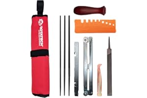 Rotatech Chainsaw Chain Sharpening Kit. Chainsaw Chain Sharpener with 5/32" (4mm), 3/16" (4.8mm) & 7/32" (5.5mm) Round Files, Handle, Flat File, Filing Guide & Pouch.