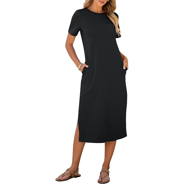 Women's Summer T-Shirt Dress - Crew Neck Short Sleeve Casual Midi Dress With Pocket, Loose Fit - View #7