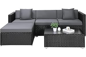 LIFERUN Conjunto Muebles Jardín Ratán,Sofas Jardin Exterior Conjuntos, Conjunto de Salón Jardín,Juego de Sofás Ratán,Conjunto de Sofa Ratan de 5 Piezas,Con Cojines y Mesa Cristal,Para Jardín,Terraza (Negro)